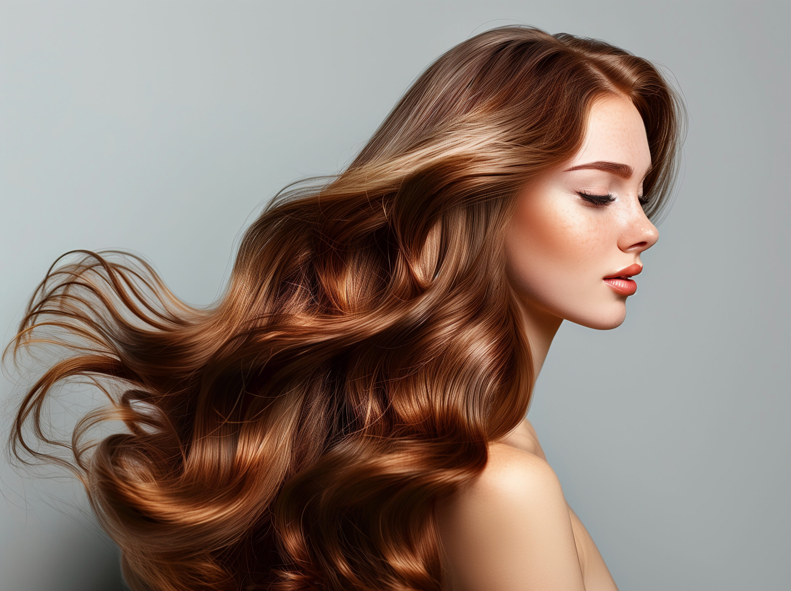 Model with long, shiny, voluminous copper-brown hair