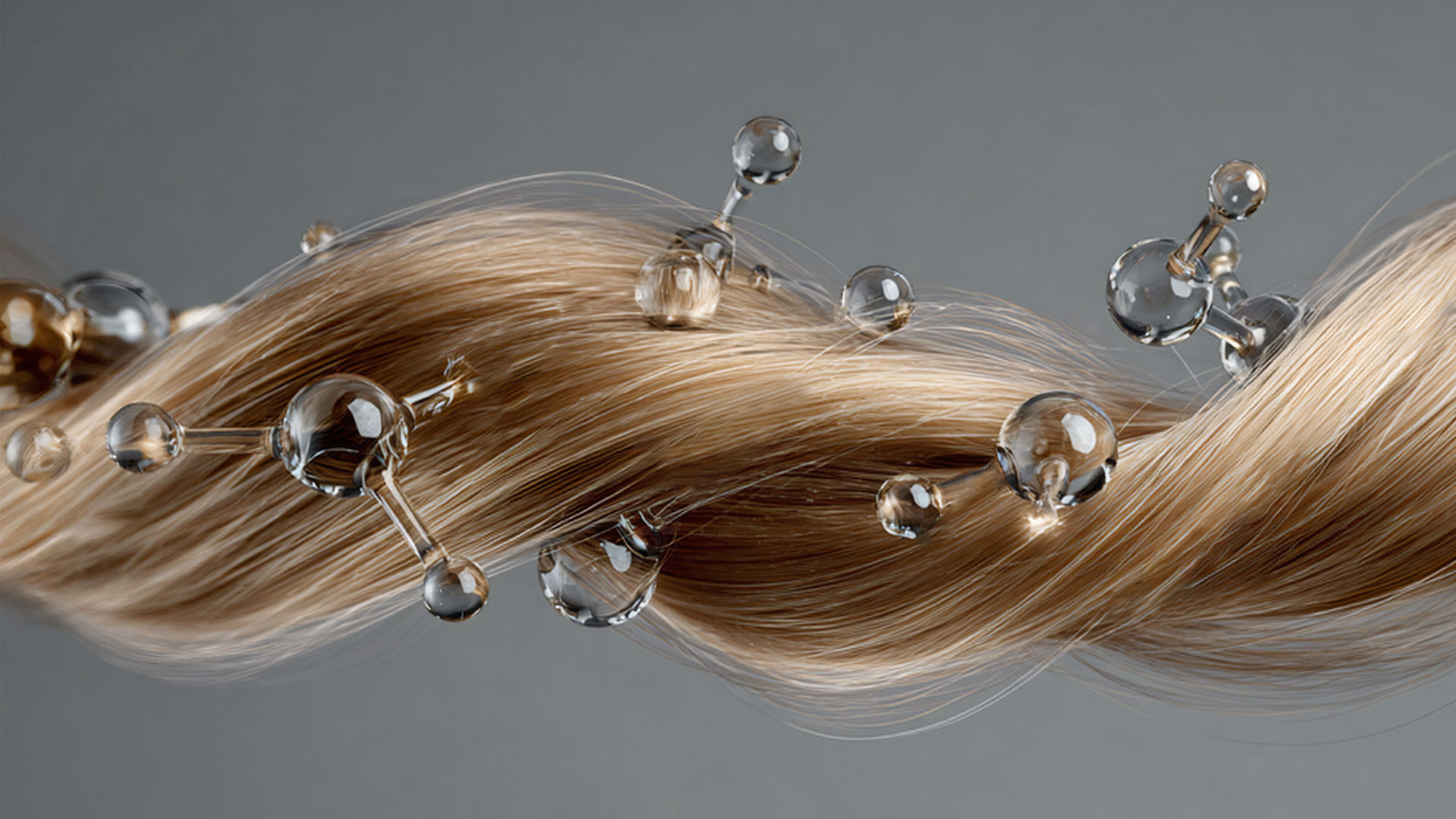 Blonde hair strand with molecules representing Kostume hair science