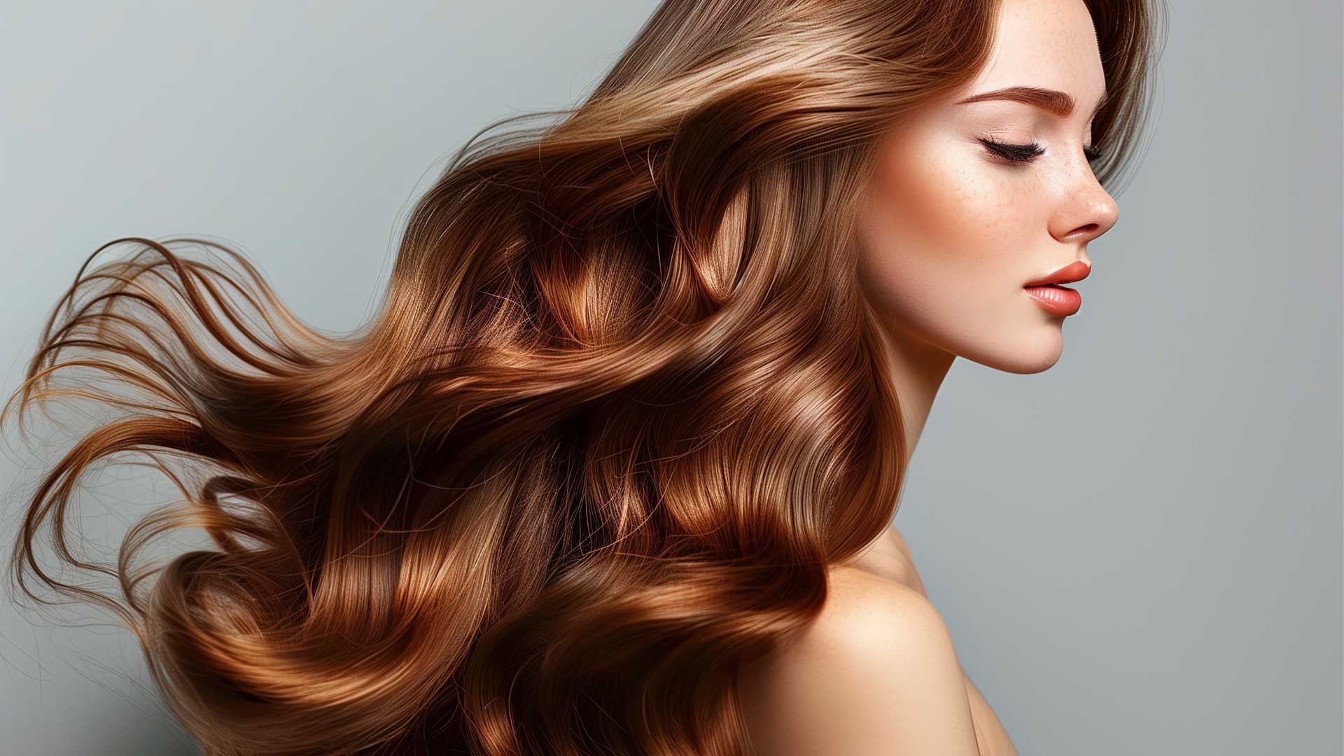 Model with long, glossy flowing copper-brown hair