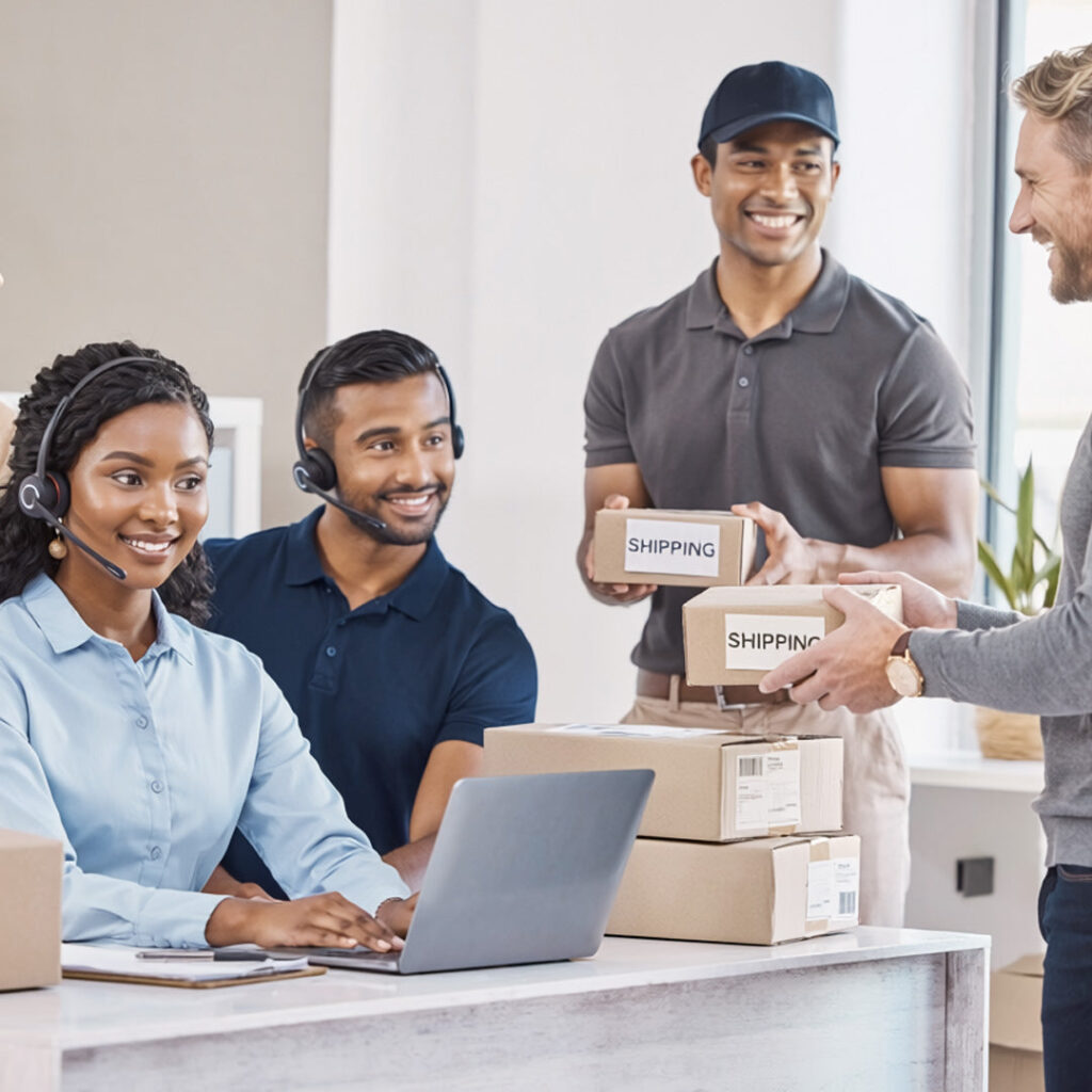 Customer support and shipping team preparing professional orders